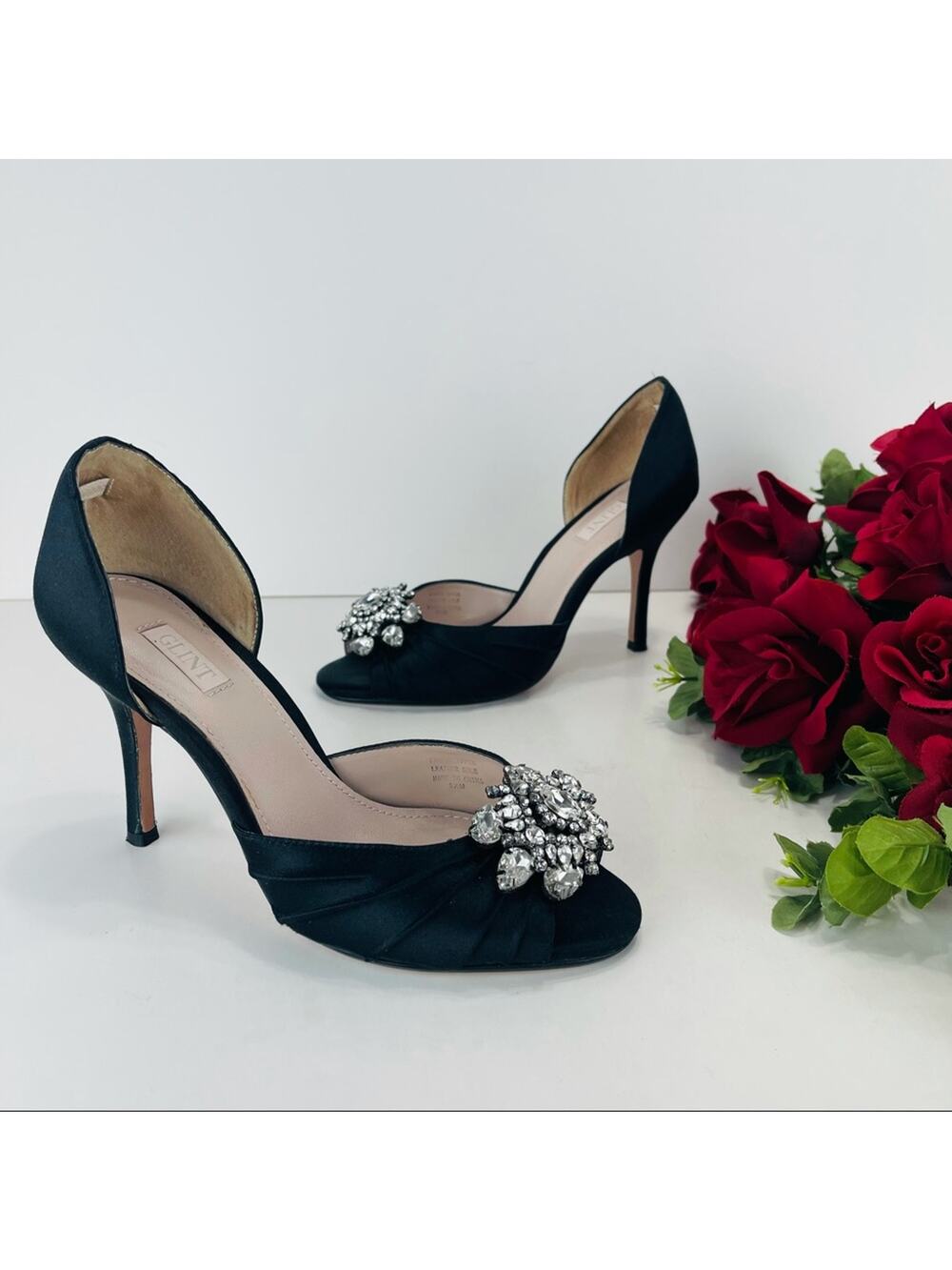 Glint Stiletto Heels Sz 5.5 Black Satin Sparkly Rhinestone Embellished Peep-Toe